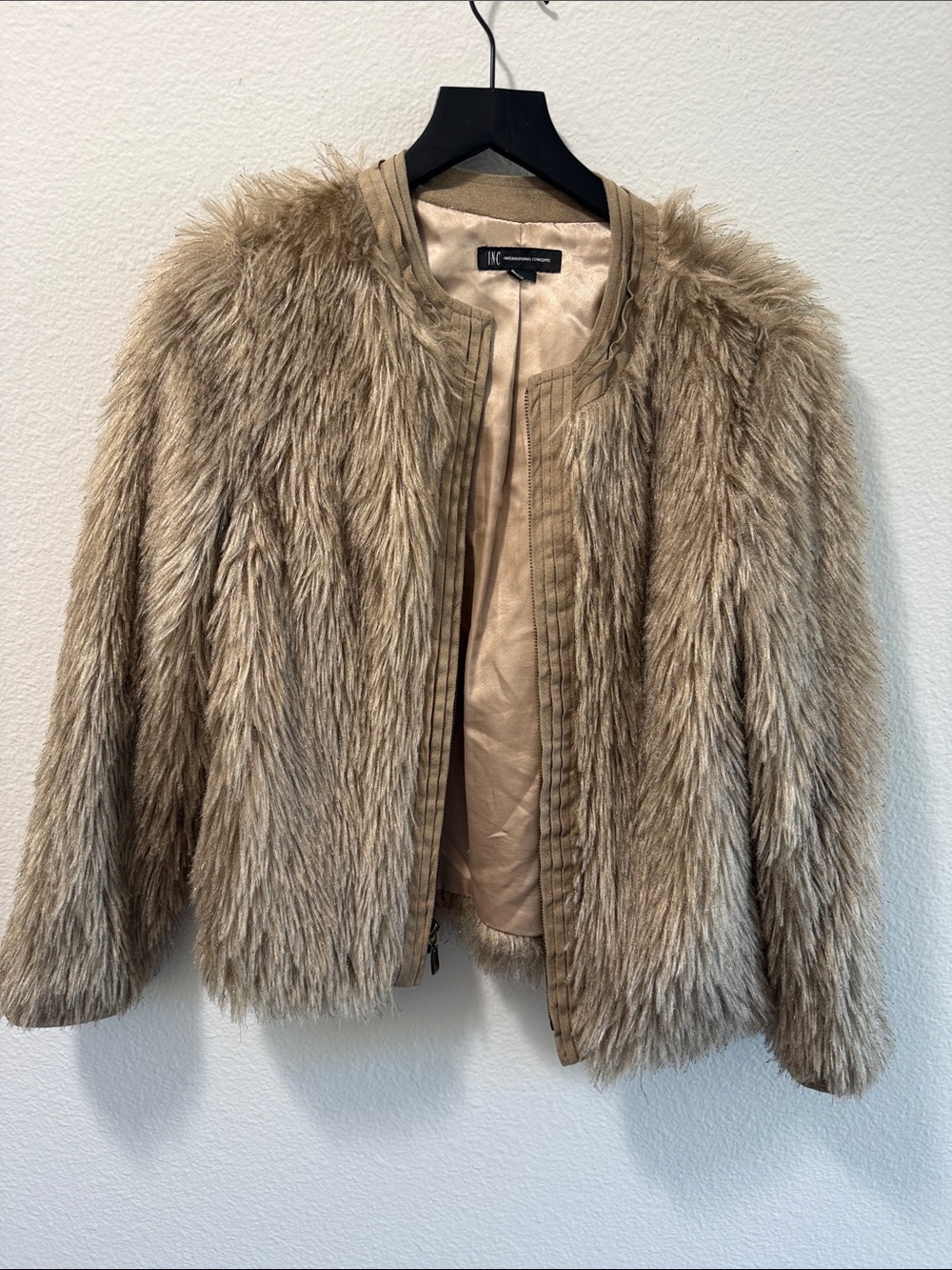 INC International Concepts Taupe Faux Fur Open Front Jacket S